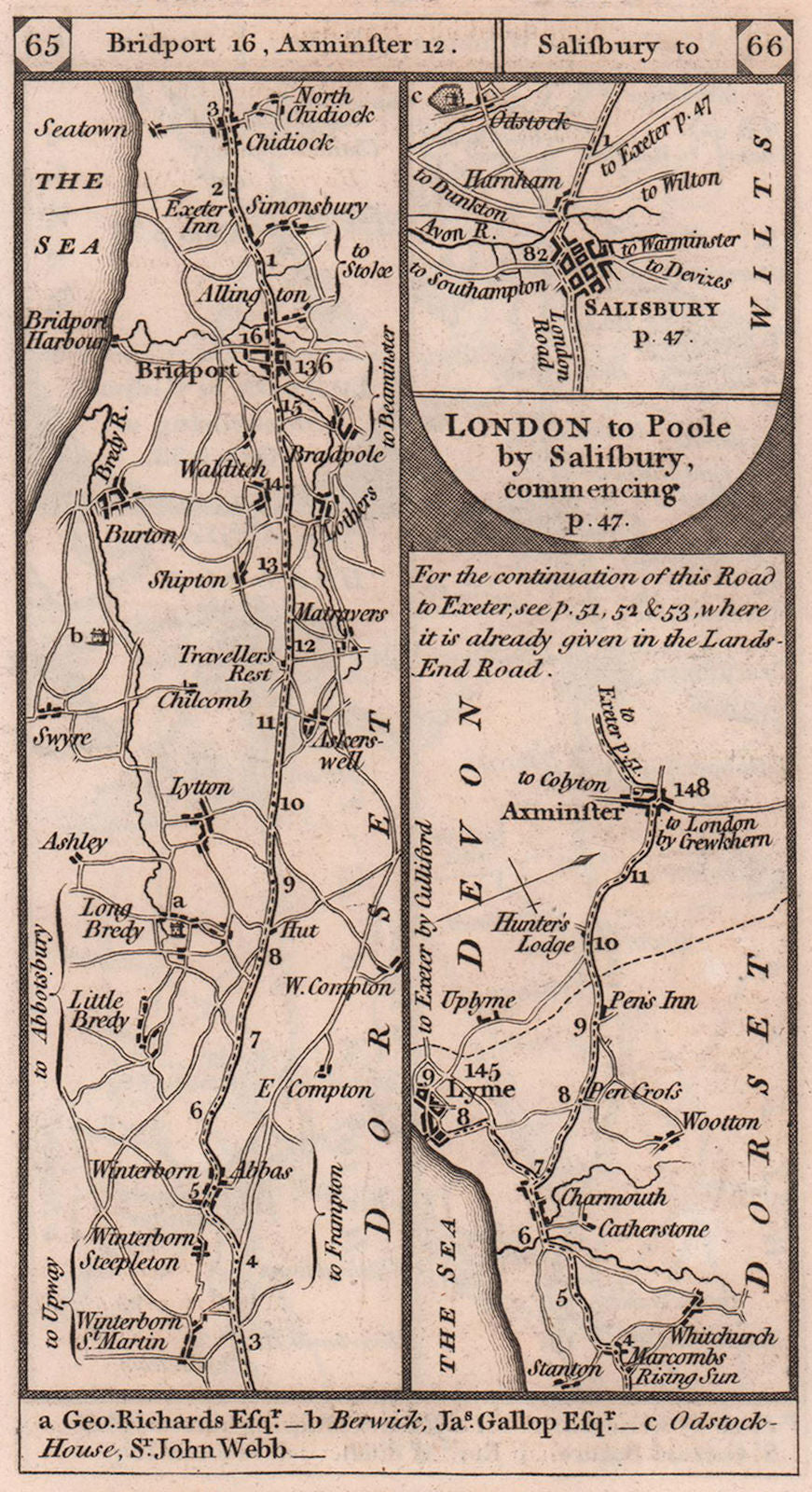 Bridport-Lyme Regis-Axminster. Salisbury road strip map PATERSON 1803 old